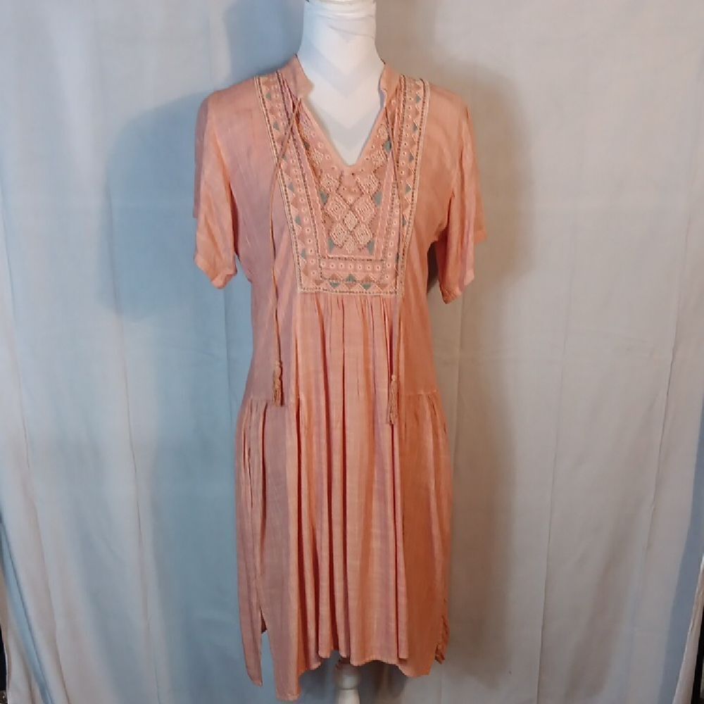 Raya Sun Peach Embroidered Women's Dress With Pockets